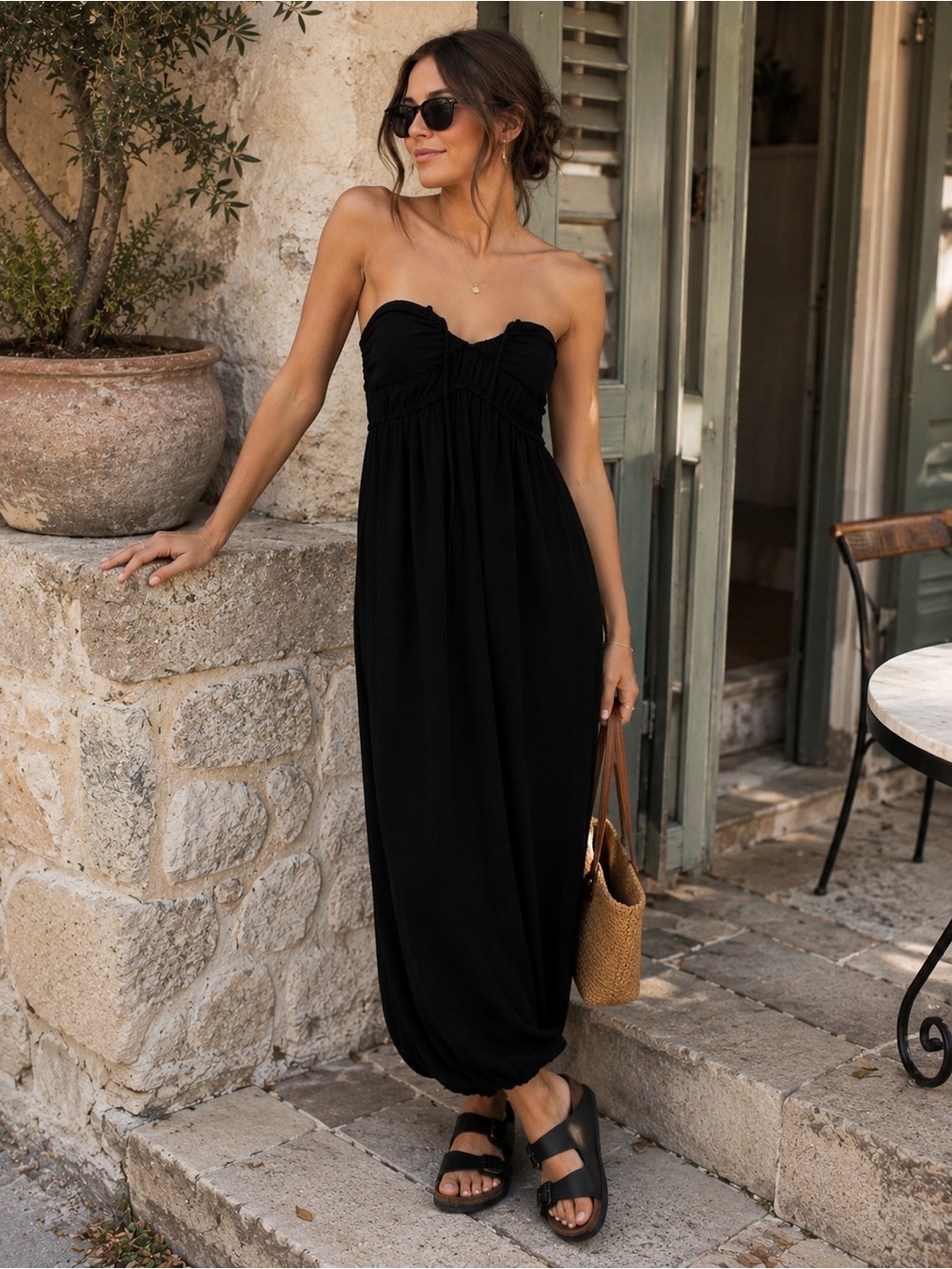 H&M Black Strapless Smocked Maxi Dress Boho Viscose XS Summer Beach